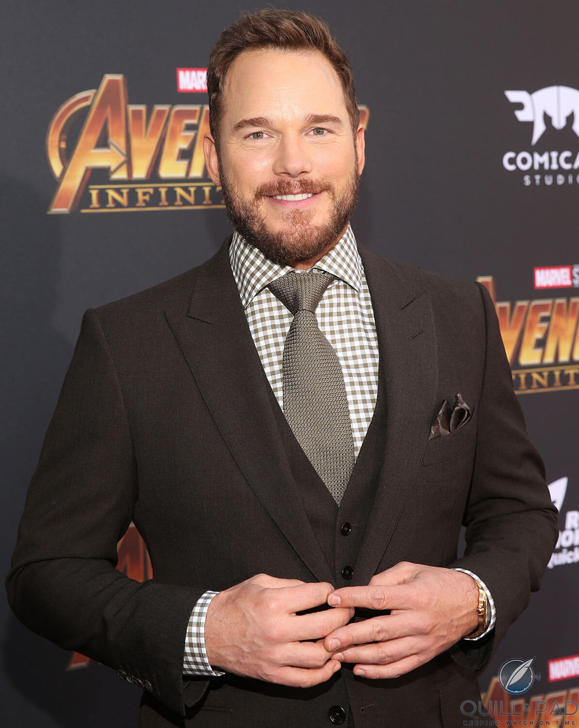 Chris Pratt at the ‘Avengers: Infinity War’ world premier in Los Angeles wearing a yellow gold Santos de Cartier (photo courtesy Citizen)
