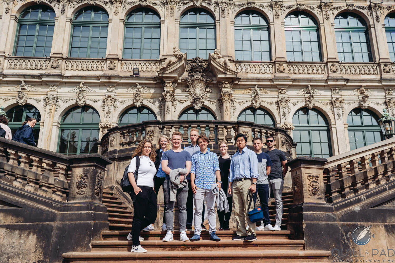 The eight competitors with the author (far right) in front of the Mathematics & Physics Salon at Dresden’s Zwinger (photo courtesy Erik Gross/A. Lange & Söhne) 