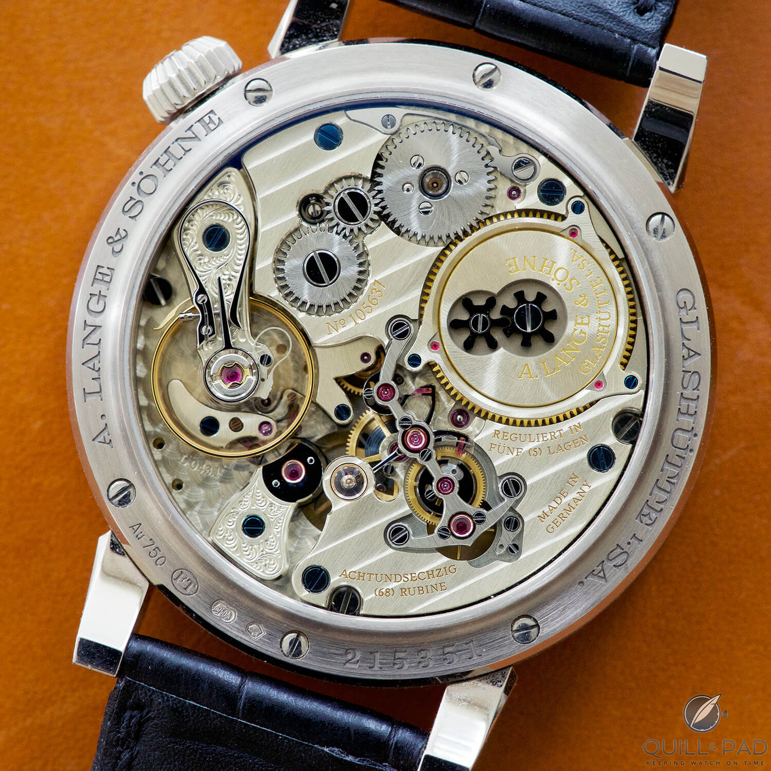 Caliber L043.1 with constant-force escapement visible through the display back of the A. Lange & Söhne Zeitwerk
