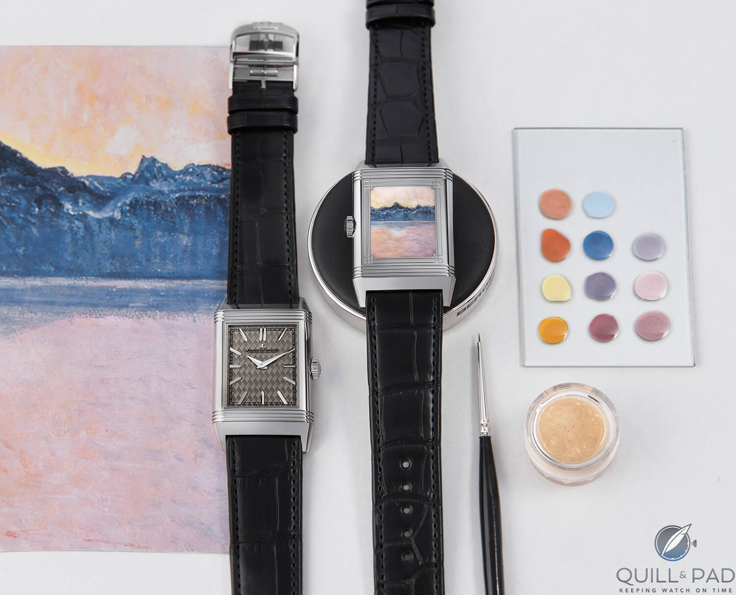 The front and back of Jaeger-LeCoultre's Reverso Enamel Tribute to Ferdinand Hodler 'Lake Geneva with Mont Blanc in the Morning Light' edition