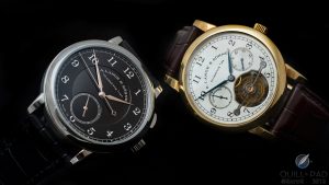 Two watches associated with Walter Lange: unique steel Homage watch (left) and yellow gold A. Lange & Söhne Pour le Mérite Tourbillon