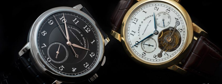 Two watches associated with Walter Lange: unique steel Homage watch (left) and yellow gold A. Lange & Söhne Pour le Mérite Tourbillon