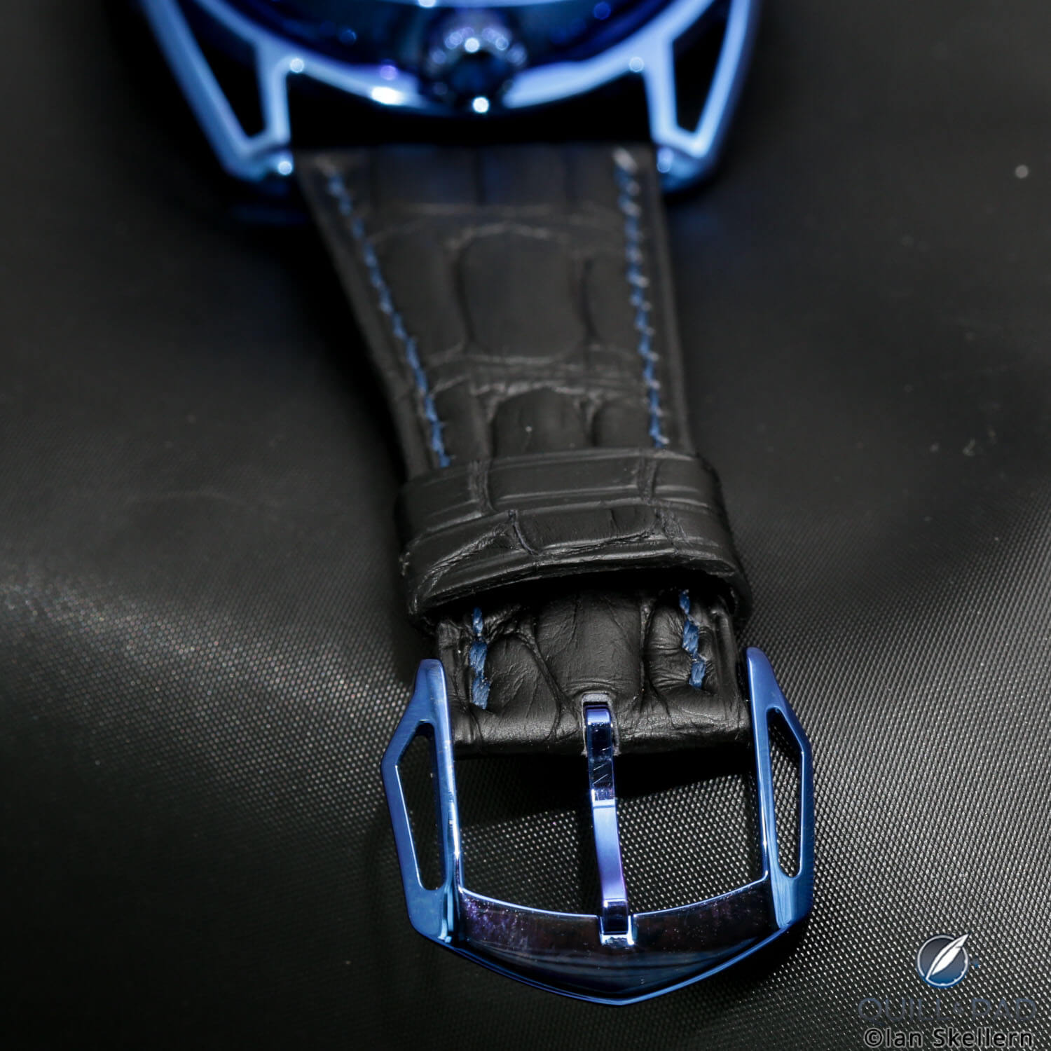 Matching case, lugs and buckle on the De Bethune DB28 Steel Wheels Blue