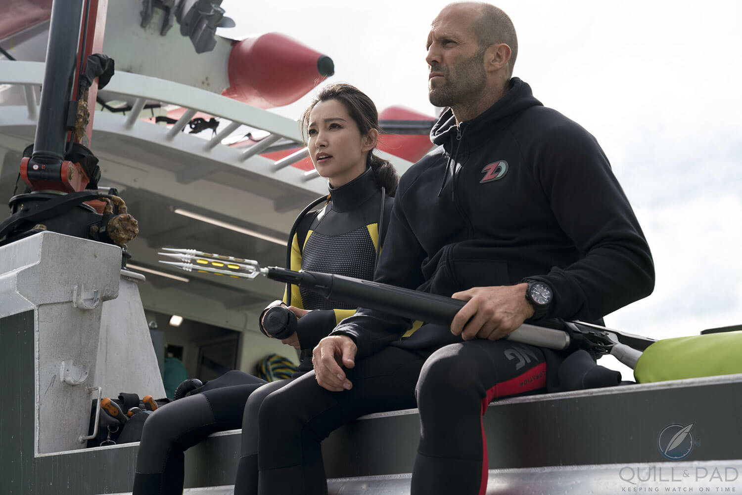 Jason Statham on set filming The Meg wearing an IWC Aquatimer Chronograph Edition La Cumbre Volcano
