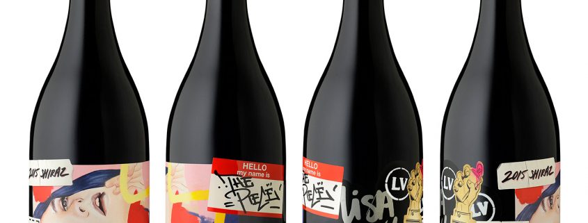Four overlapping labels make up the graffiti art on the Longview Piece Shiraz 2015