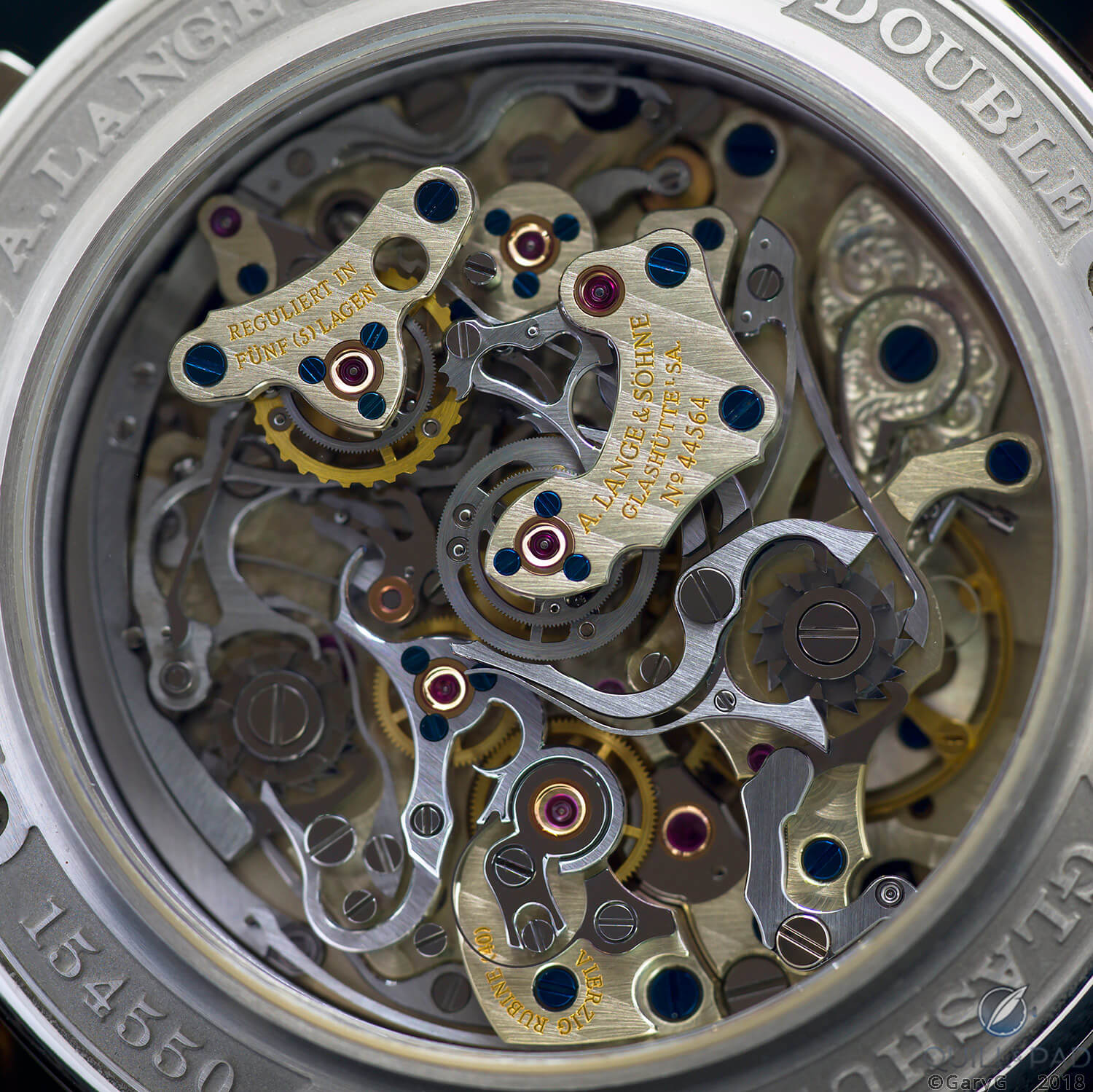 Lange & Söhne Double Split movement detail, with sharp interior angle on lever at bottom center