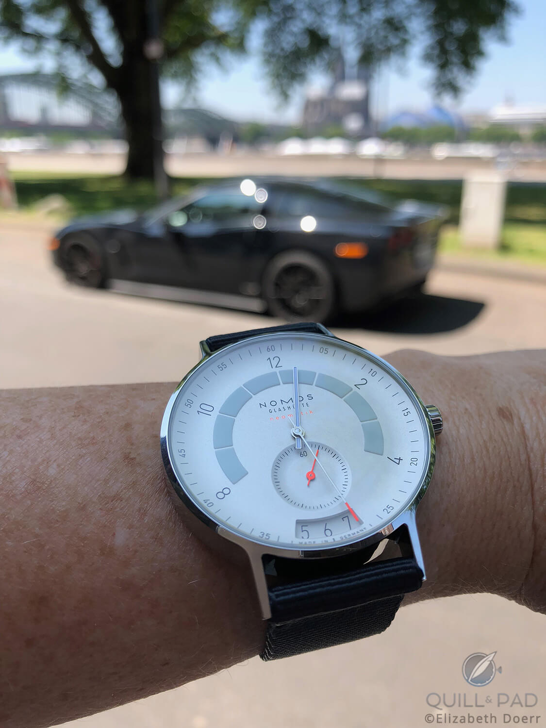 Across the river from the Cologne Cathedral with the Nomos Glashütte Autobahn and my Corvette