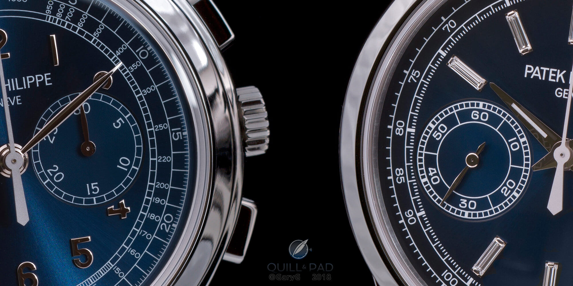 Dial details, Patek Philippe chronographs in platinum