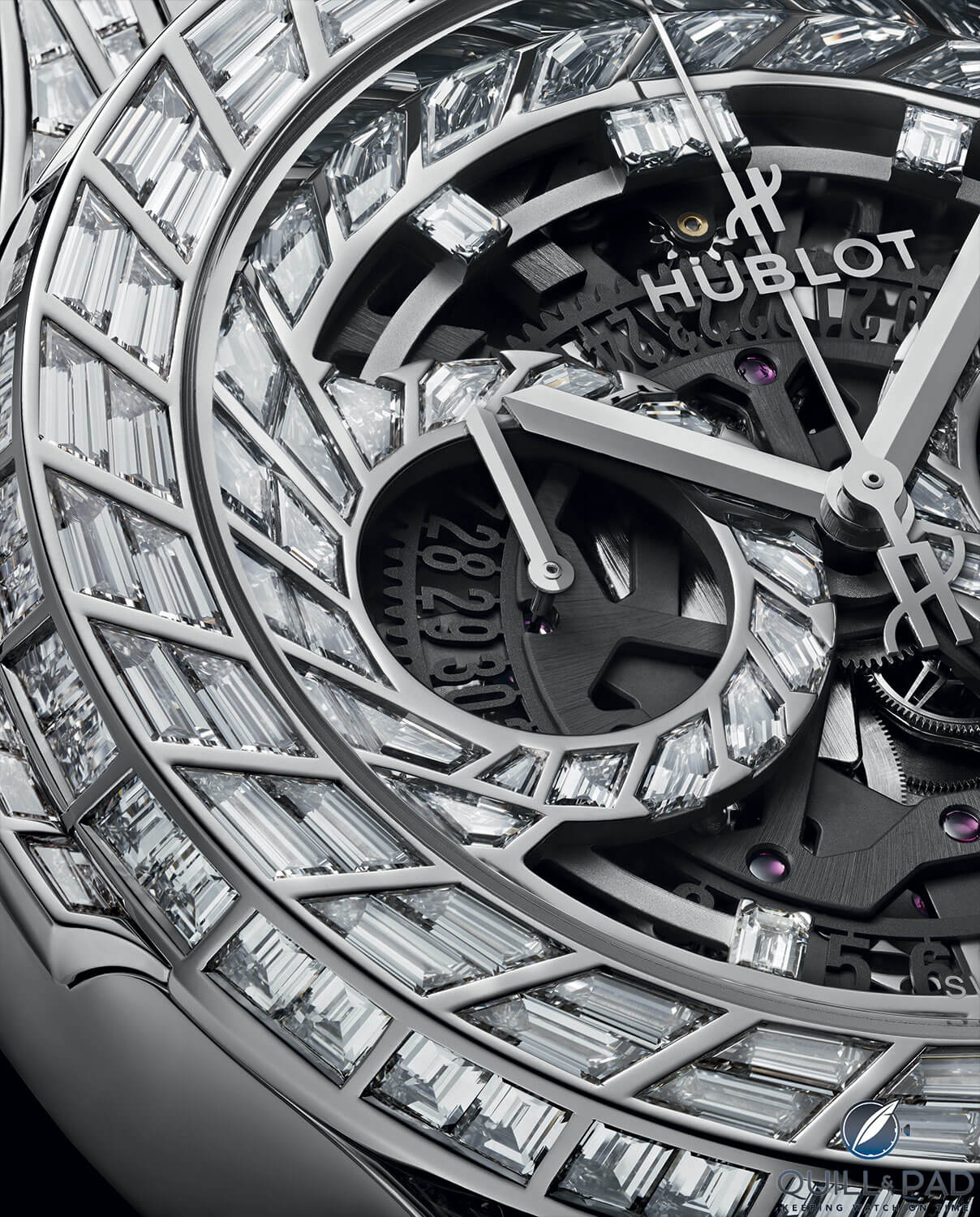 Close up look dial side of the Hublot Classic Fusion Aerofusion Chronograph High Jewellery