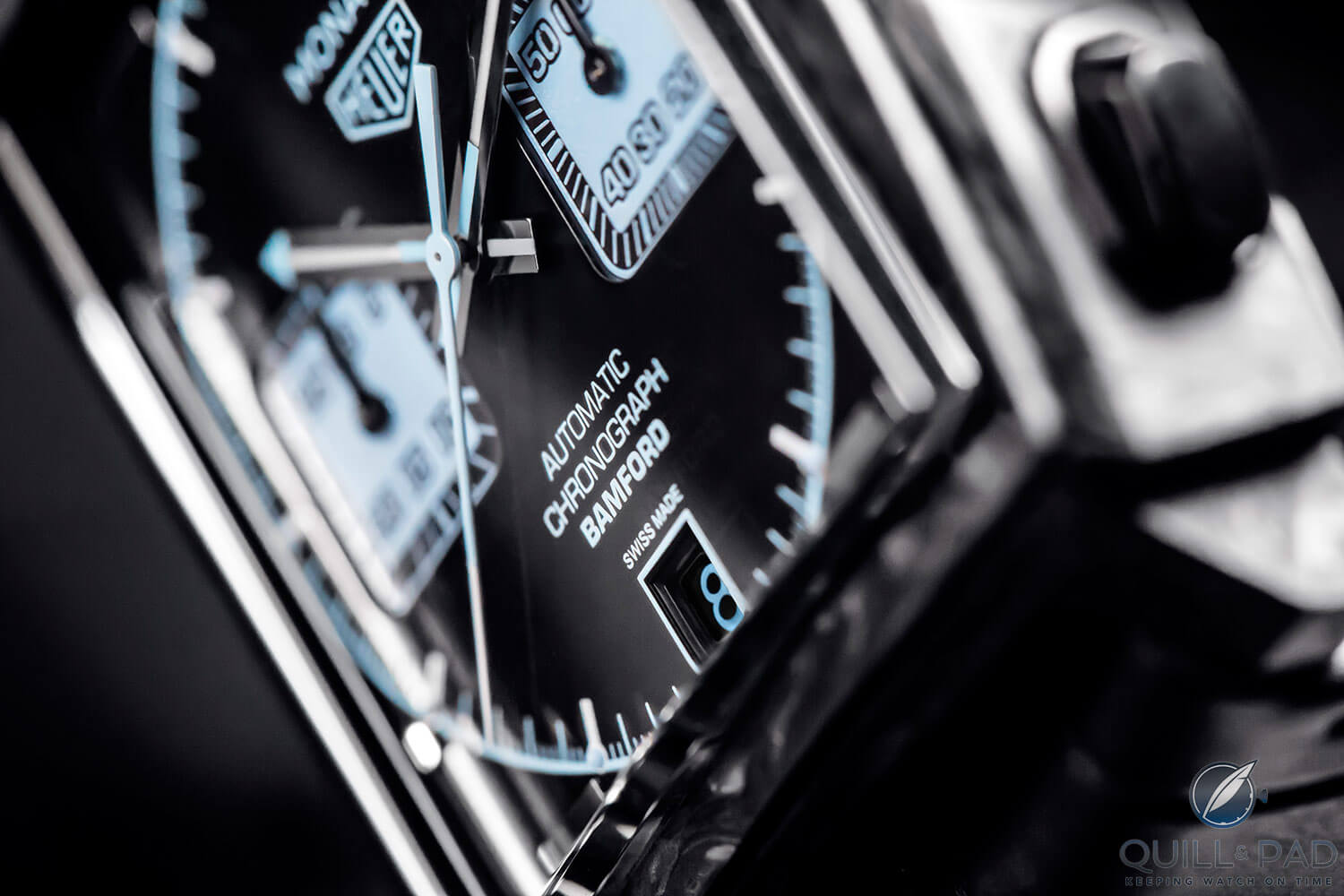 Dial details of TAG Heuer Monaco Chronograph Forged Carbon Bamford Edition