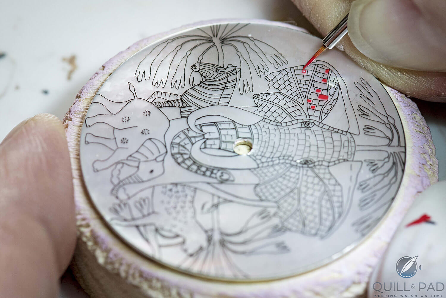 Painting the dial of the Slim d’Hermès Marché du Zambèze