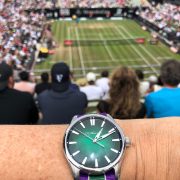 The H. Moser Cie Pioneer Center Seconds Cosmic Green on a Wimbledon-inspired NATO strap by Maurice de Mauriac designed by Miguel Seabra at the Mercedes Open 2018