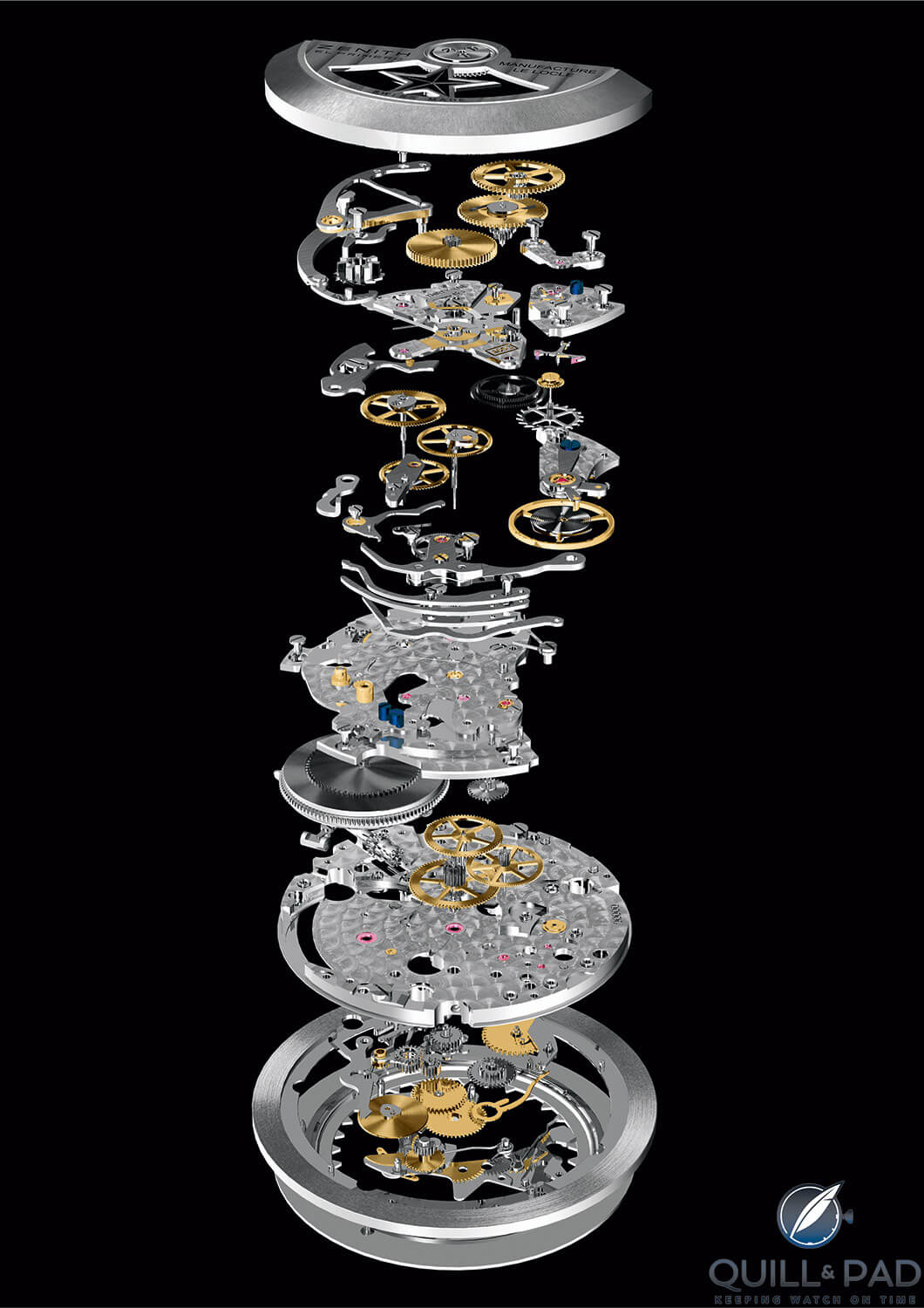 Exploded view of the Zenith El Primero automatic winding chronograph movement