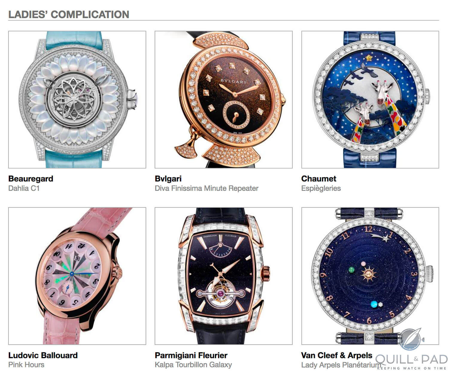 Ladies Complication category pre-selected watches in the 2018 GPHG, clockwise from top left: Beauregard Dahlia C1, Bulgari Diva Finissima Minute Repeater, Chaumet Espiègleries, Ludovic Ballouard Pink Hours, Parmigiani Fleurier Kalpa Tourbillon Galaxy, and Van Cleef & Arpels Lady Arpels Planétarium 