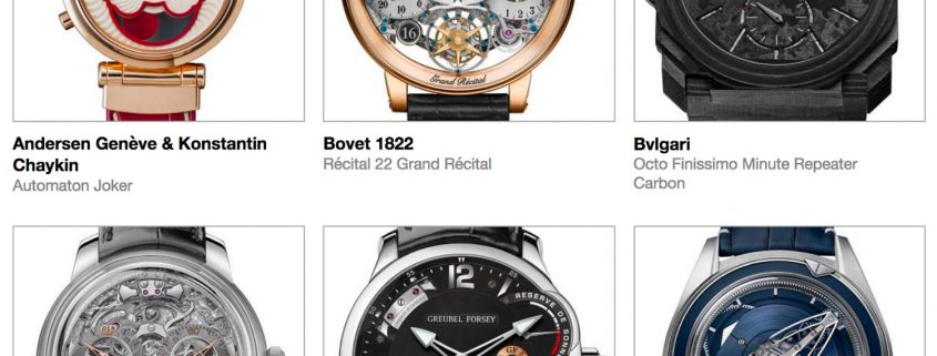 Mechanical-Exception category pre-selected watches for the 2018 Grand Prix d’Horlogerie de Genève, clockwise from top left: Andersen Genève & Konstantin Chaykin Automaton Joker, Bovet 1822 Récital 22 Grand Récital, Bulgari Octo Finissimo Minute Repeater Carbon, Girard-Perregaux Minute Repeater Tri-Axial Tourbillon, Greubel Forsey Grande Sonnerie, and Ulysse Nardin Freak Vision