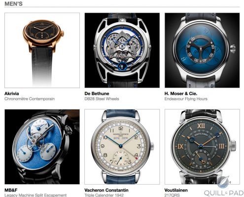 Men's category pre-selected watches for the 2018 Grand Prix d’Horlogerie de Genève, clockwise from top left: Akrivia Chronomètre Contemporain, De Bethune Steel Wheels, H. Moser & Cie. Endeavour Flying Hours, MB&F Legacy Machine Split Escapement, Vacheron Constantin Triple Calendrier 1842, and Kari Voutilainen 217QRS
