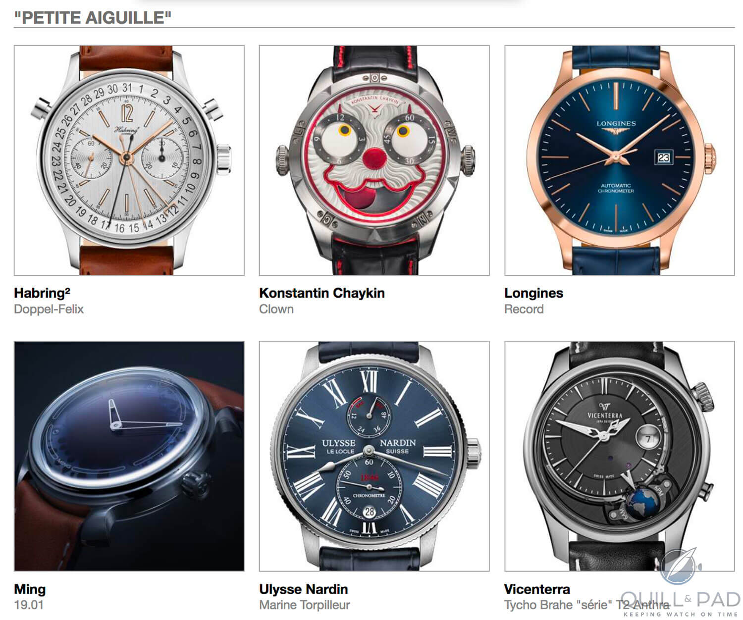 Petite Aiguille category pre-selected watches for the 2018 Grand Prix, clockwise from top left: Habring2 Doppel-Felix, Konstantin Chaykin Clown, Longines Record, Ming 19.01, Ulysse Nardin Marine Torpilleur, and Vicenterra Tycho Brahe Série T2 Anthra d’Horlogerie de Genève