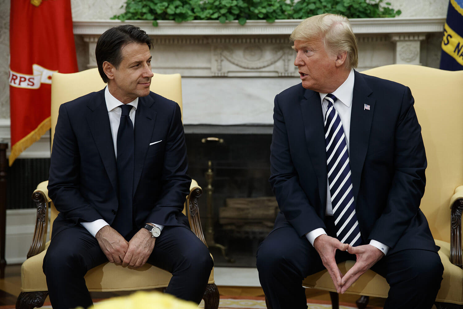 Italian Prime Minister Giuseppe Conte (left) wearing a IWC Portofino Automatic for his White House meeting with American President Donald Trump (photo courtesy AP Images)