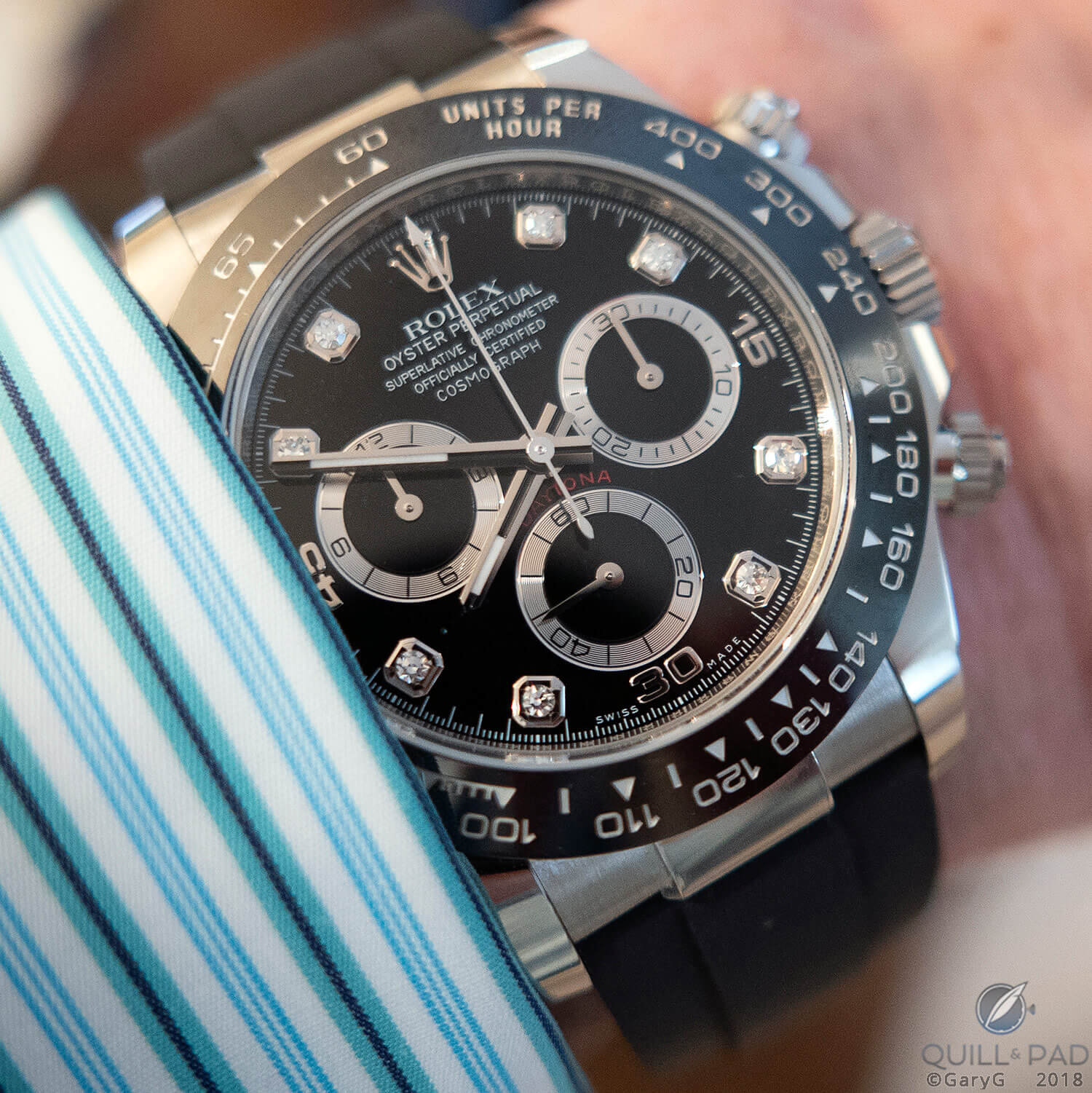 Incoming (but not for me): a pal’s newly delivered diamond-studded Rolex Daytona