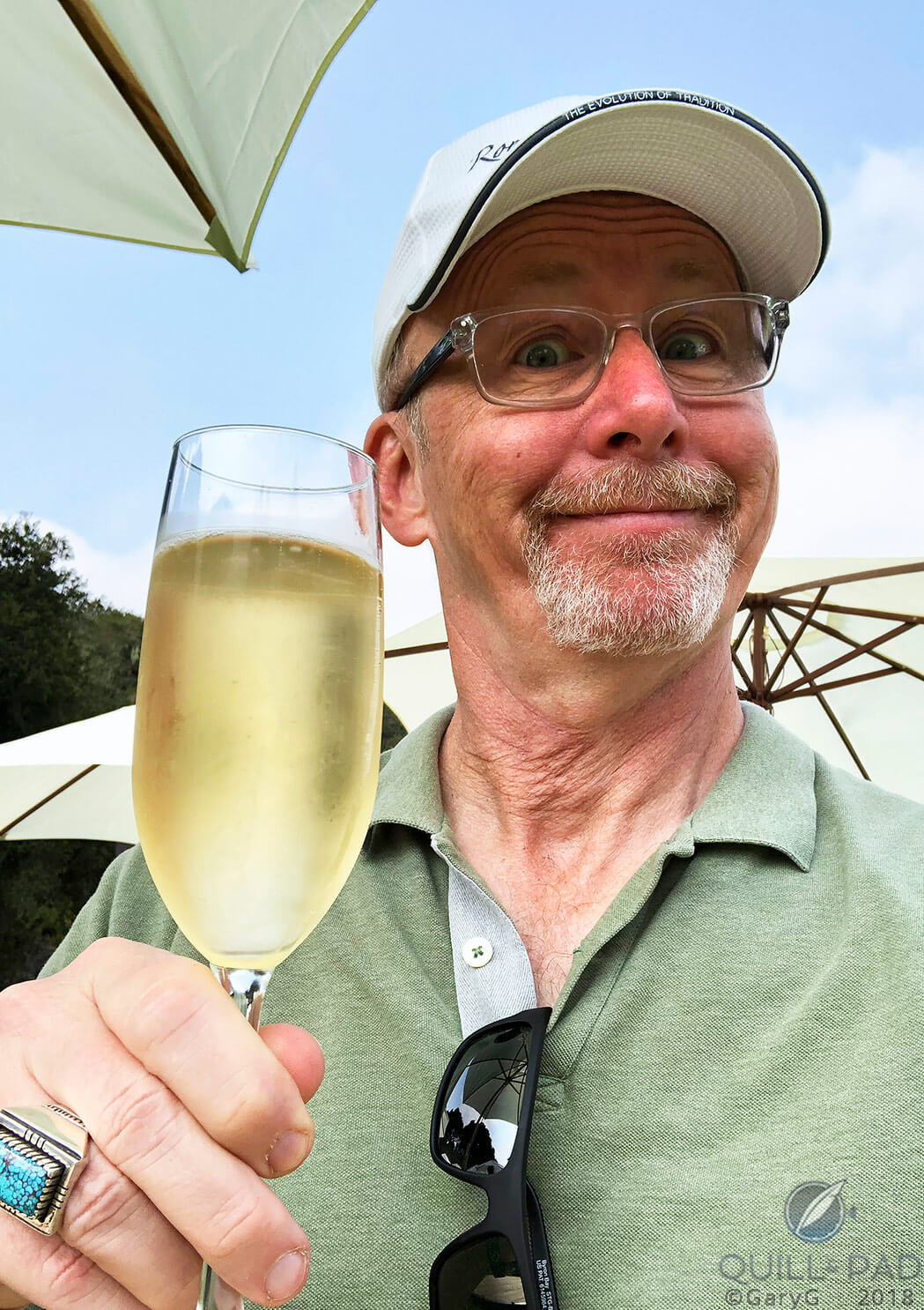 Cheers! Your devoted correspondent sampling a 9:00 a.m. flute of champagne