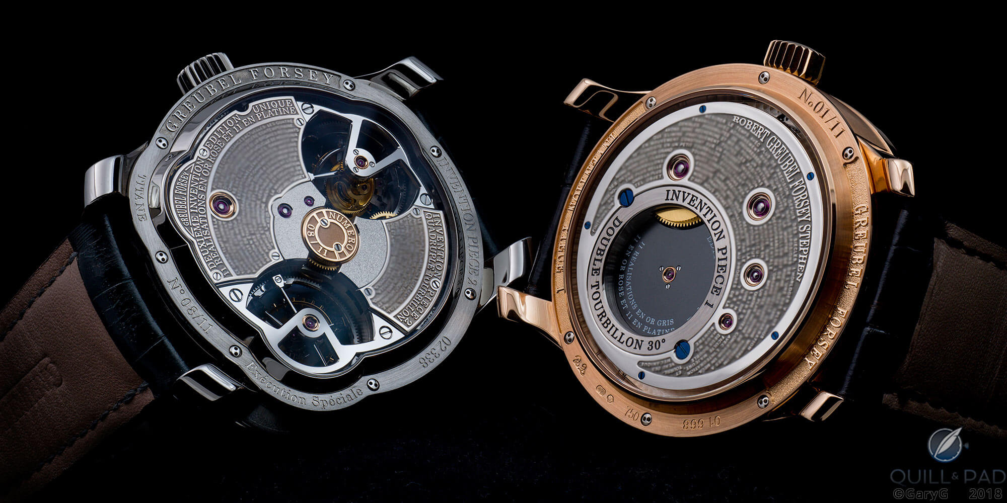 Back to back: Greubel Forsey Invention Pieces 2 (at left) and 1