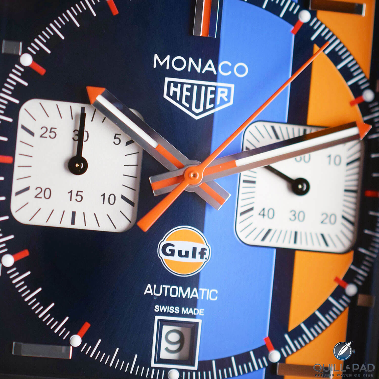 Dial of the TAG Heuer Monaco Gulf 50th Anniversary Limited Edition 