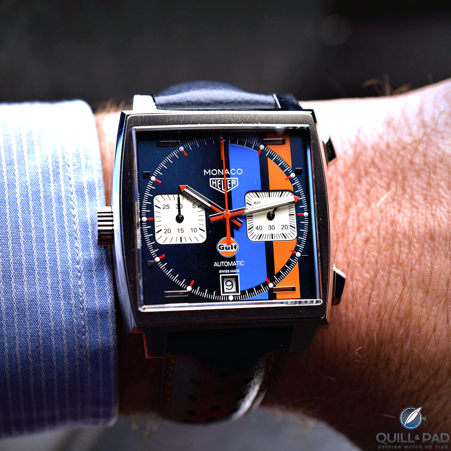 TAG Heuer Monaco Gulf 50th Anniversary Limited Edition on the wrist
