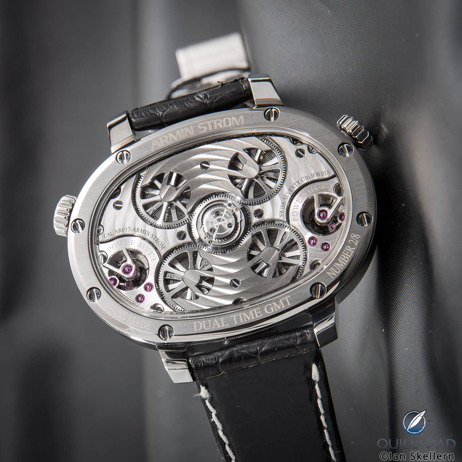 View through the display back of the Armin Strom Masterpiece 1 Dual Time Resonance on the wrist