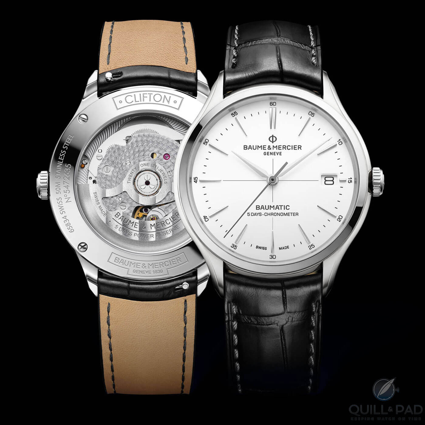Views from the front and back of the Baume & Mercier Clifton Baumatic
