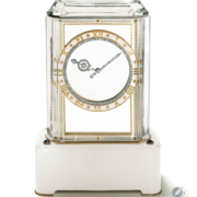 Model A Cartier Mystery Clock from 1912 featuring platinum, gold, white agate, rock crystal, sapphires, rose-cut diamonds, enamel