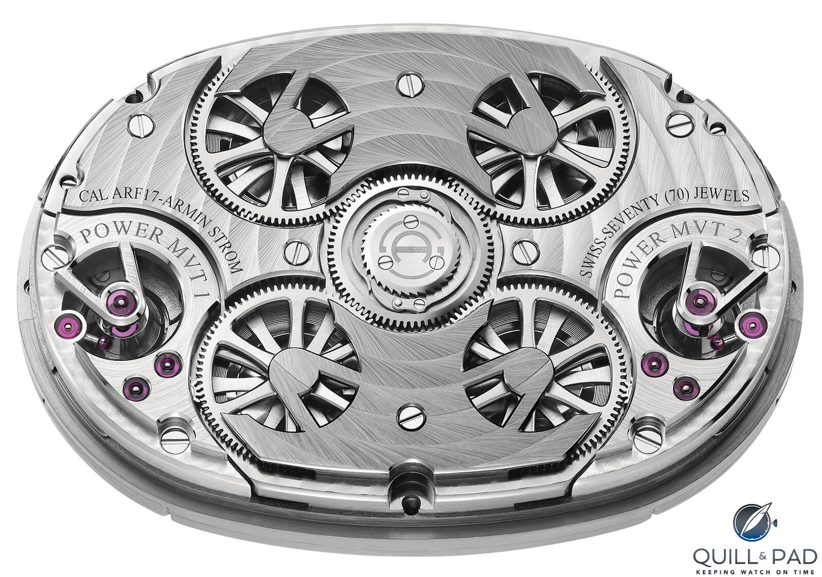Armin Strom Dual Time Resonance Caliber ARF17 movment side with the four mainspring barrels - two for each movement - are on full display through skeletonized covers