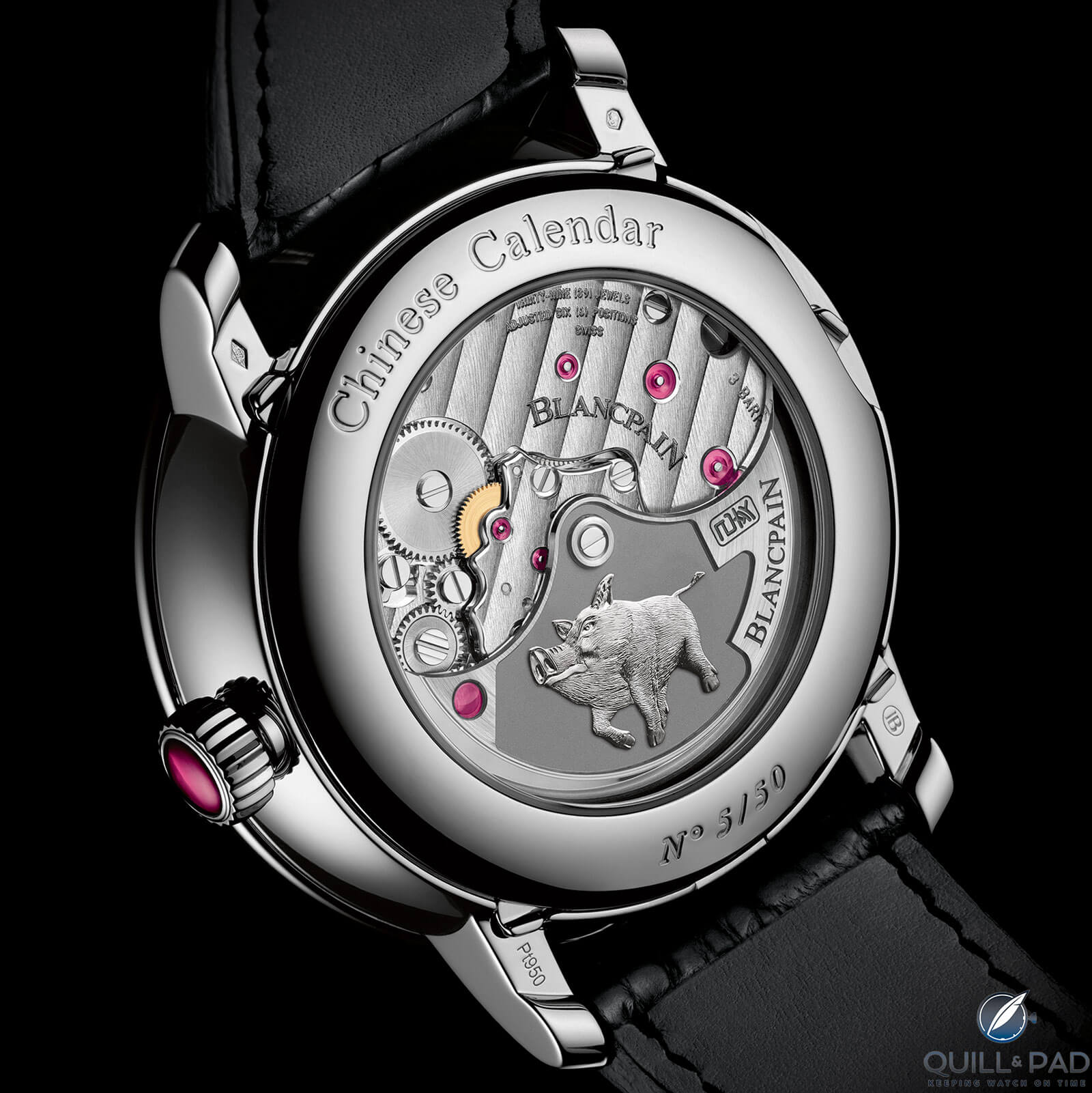 Engraved pig on the automatic winding rotor visible through the display back of the Blancpain Villeret Traditional Chinese Calendar