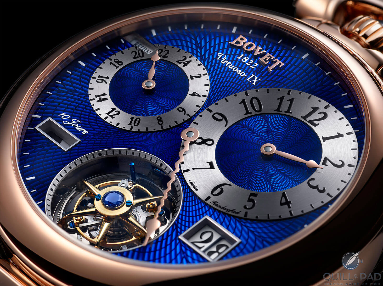 Close look at the blue enamel over guilloche dial of the Bovet Virtuoso IX