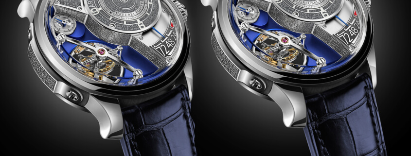 Spot the difference: follow the red hands, on the left the minute display of the Greubel Forsey Art Piece Edition Historique is closed with only the hour indicator visible at 10 o'clock; on the right the minute display is open and pointing to 10. The time is 10 minutes past 10 o'clock