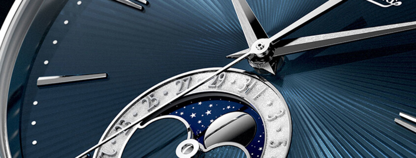 Close up look at the beautiful blue-enamel guilloche dial of the Jaeger-LeCoultre Master Ultra Thin Moon Enamel