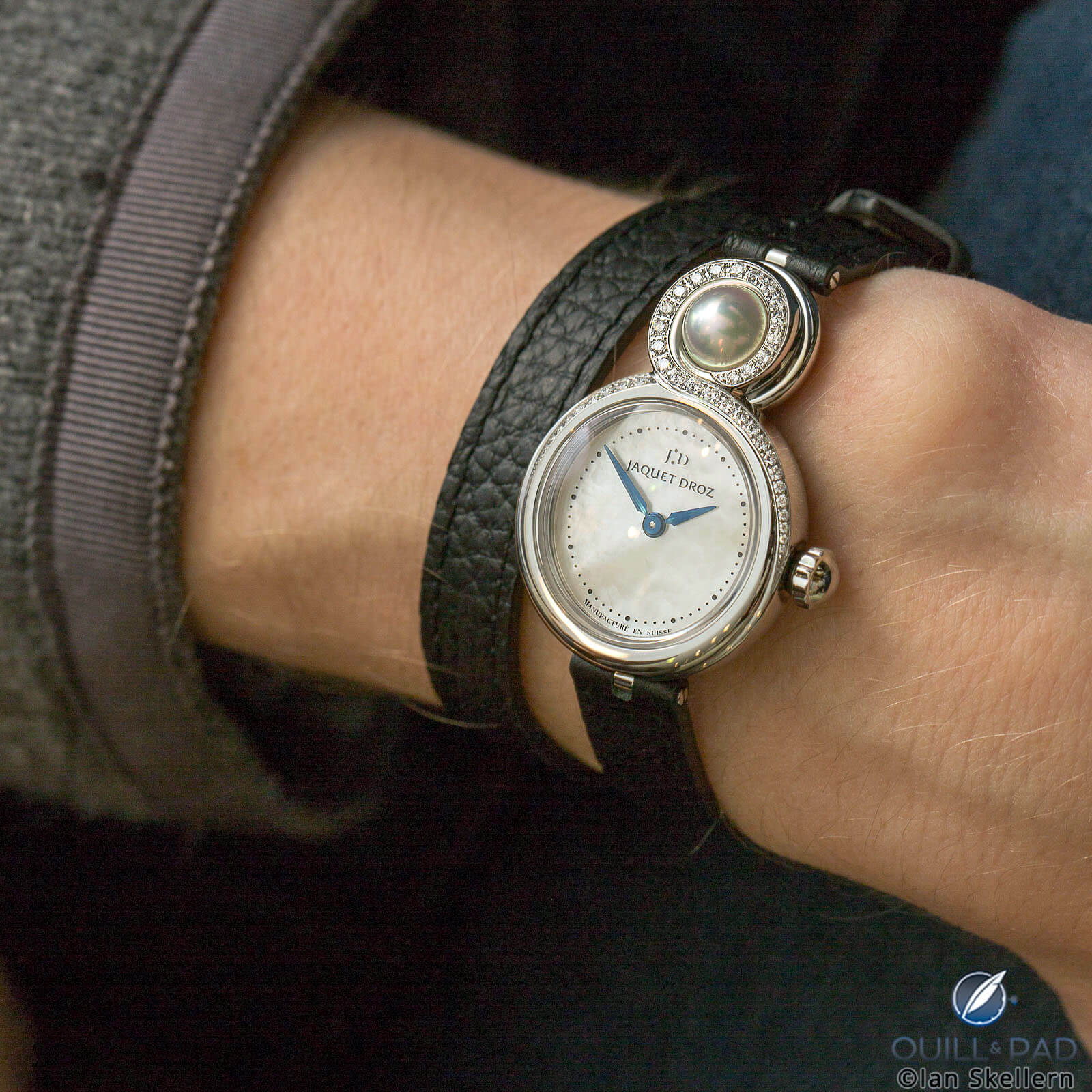 Jaquet Droz Lady 8 Petite with double wrap strap on the wrist