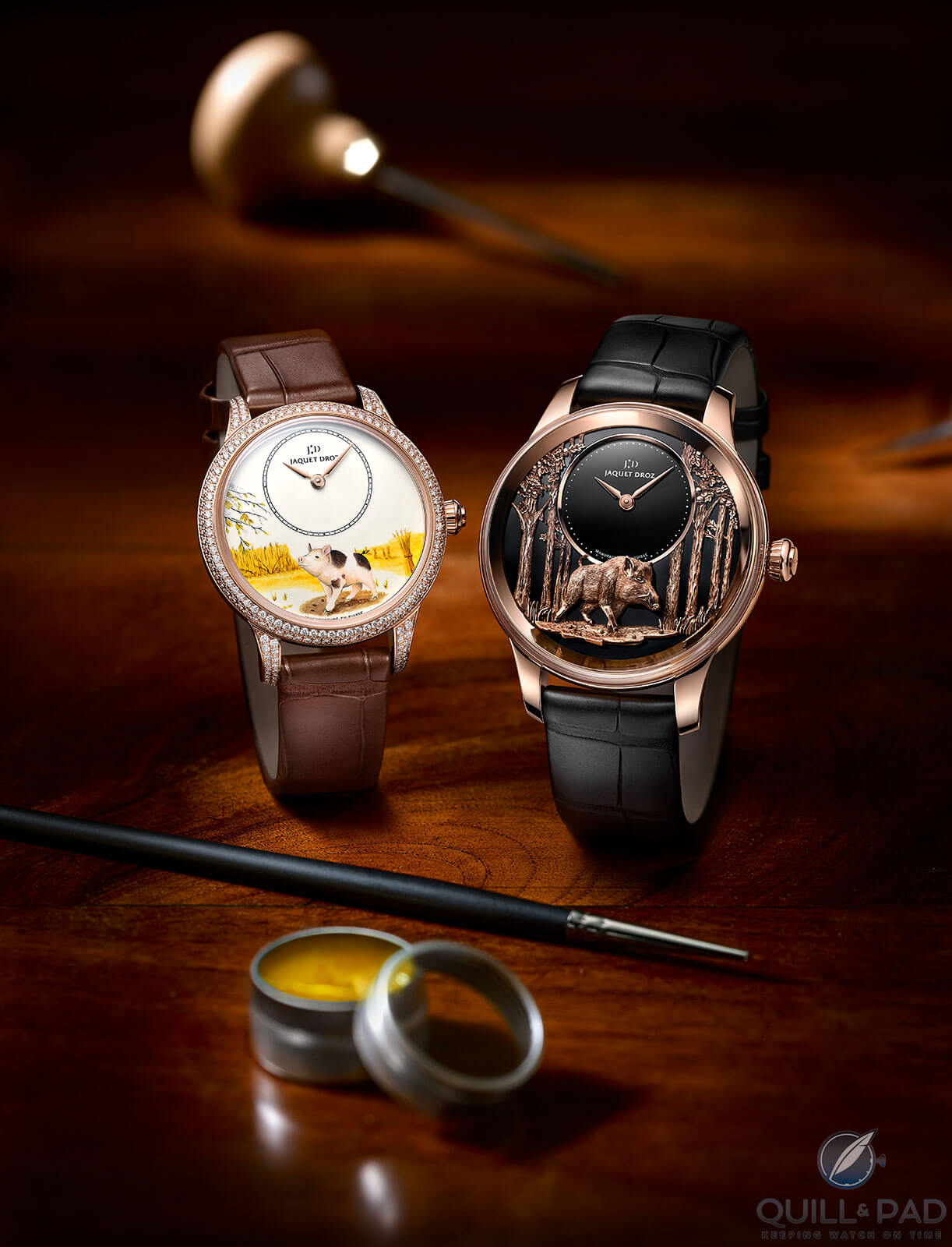Jaquet Droz Petite Heure Minute Pig diamond-set and Petite Heure Minute Relief Pig in red gold