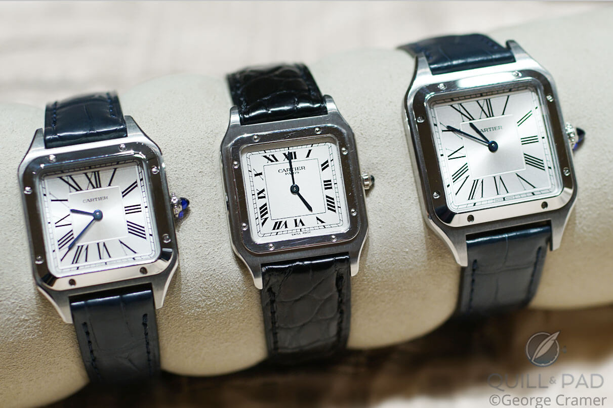 Left to right: the 2019 small Cartier Santos-Dumont, the discontinued Collection Privée Cartier Paris Santos-Dumont, and the 2019 large Cartier Santos-Dumont.