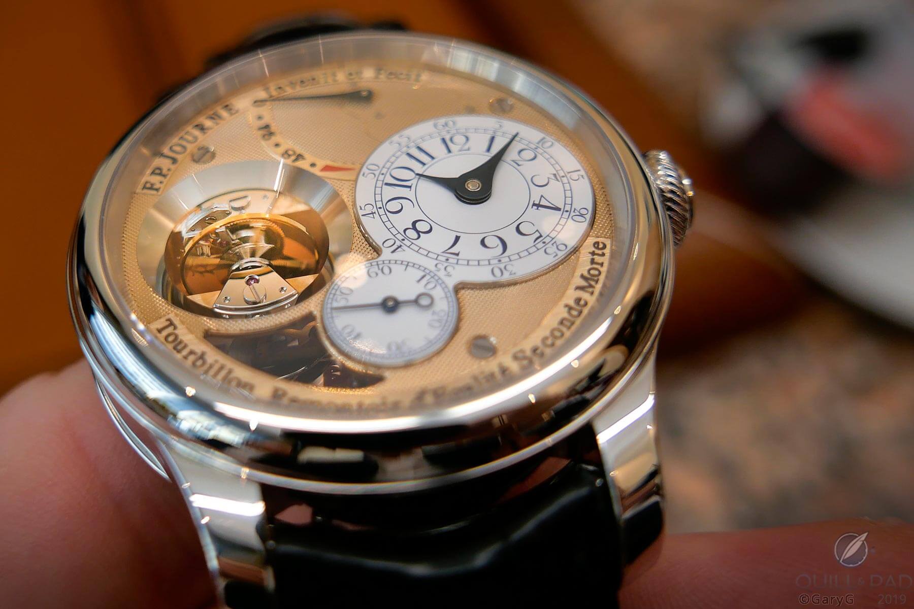 View through the display F.P. Journe Tourbillon Souverain Vertical 