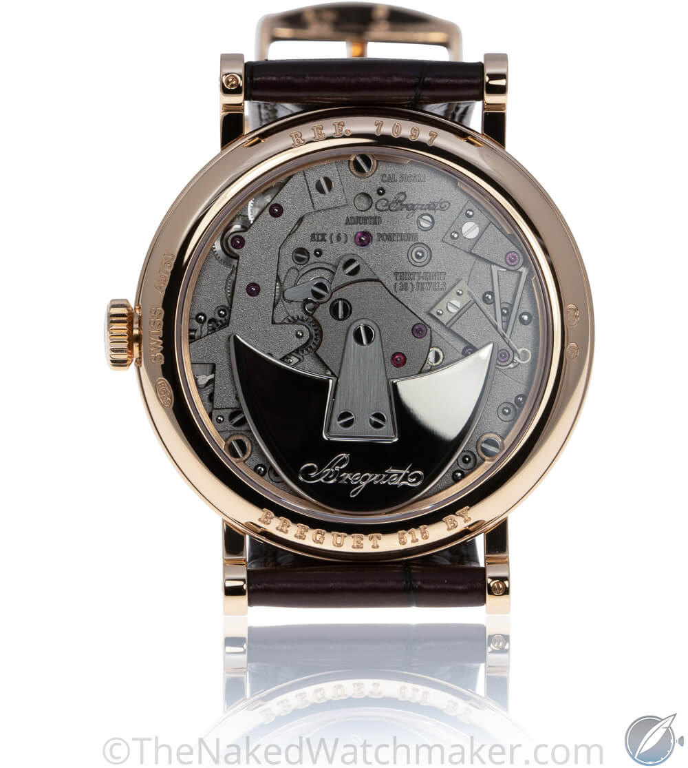 Distinctive winding rotor visible through the display back of the Breguet Tradition Automatique Seconde Rétrograde 7097