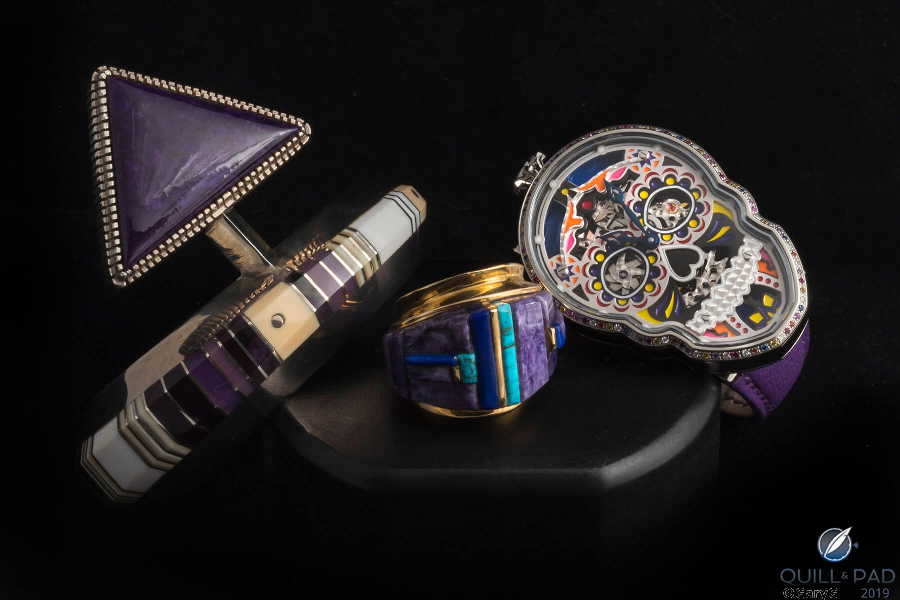 Color coded: Fiona Krüger Petit Skull (Celebration) Eternity on purple strap with jewelry by noted Native American artists Gibson Nez (left) and Charles Loloma (center)