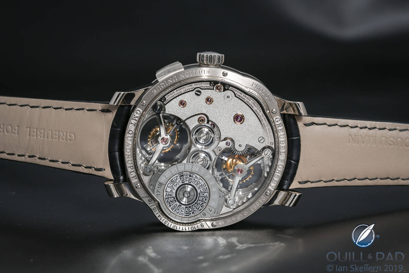 View though the display back of the Greubel Forsey GMT Quadruple Tourbillon