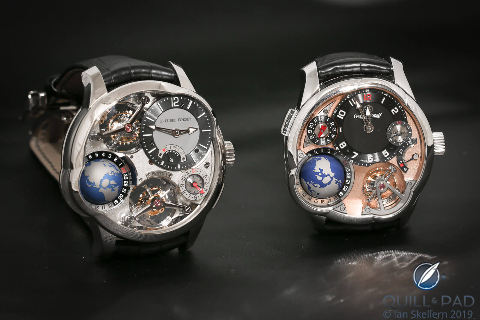 Side-by-side: Greubel Forsey GMT Quadruple Tourbillon (left) and GMT Earth