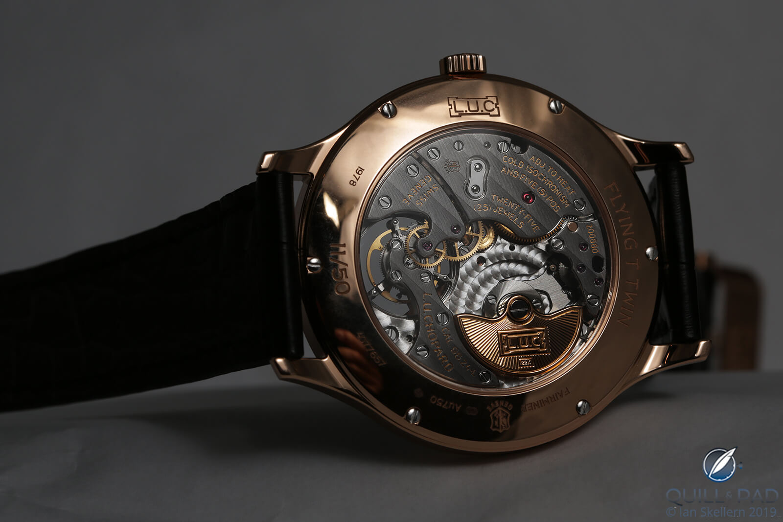 View though the display back to the movement of the Chopard L.U.C Flying T Twin