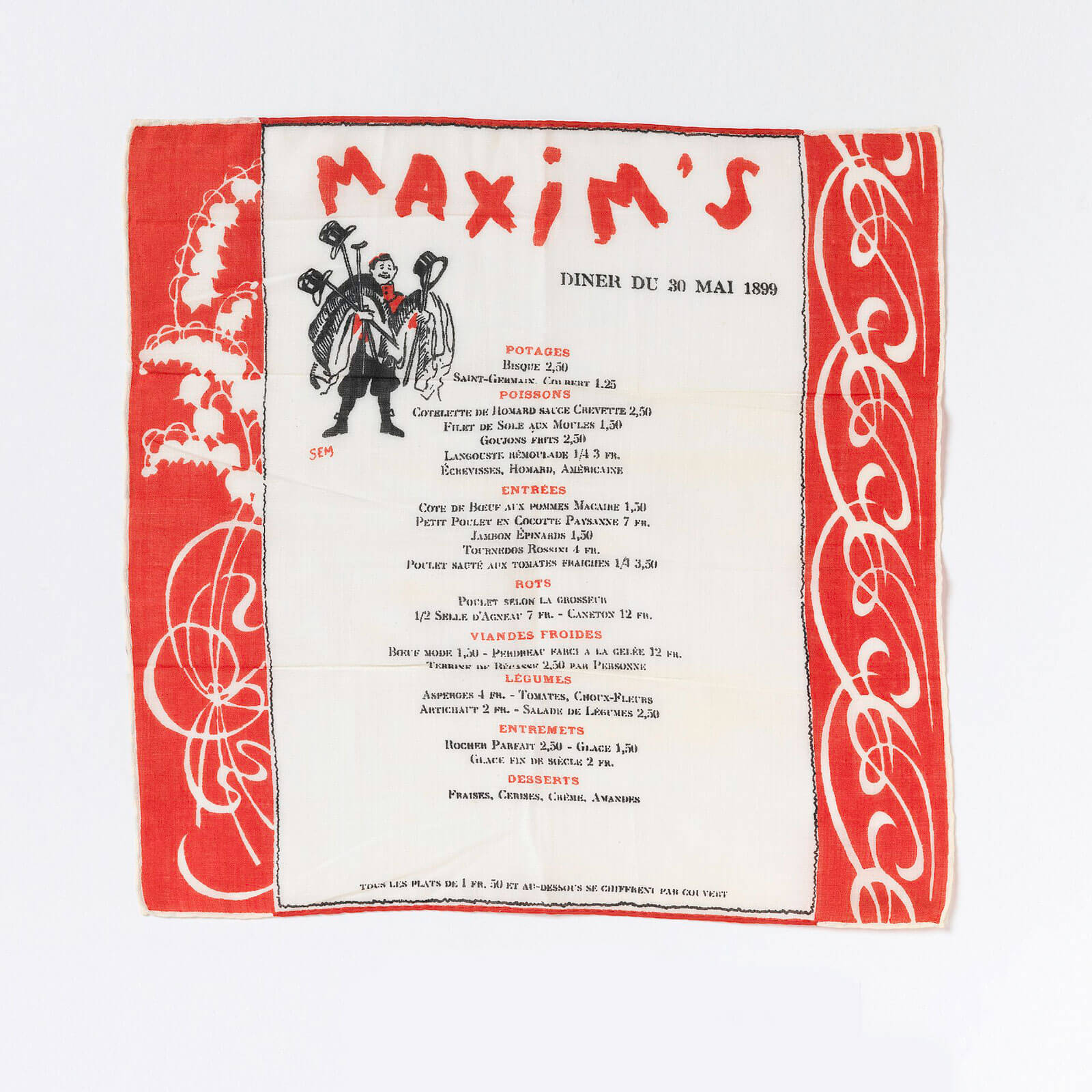 Maxim's menu on a handkerchief from 1899