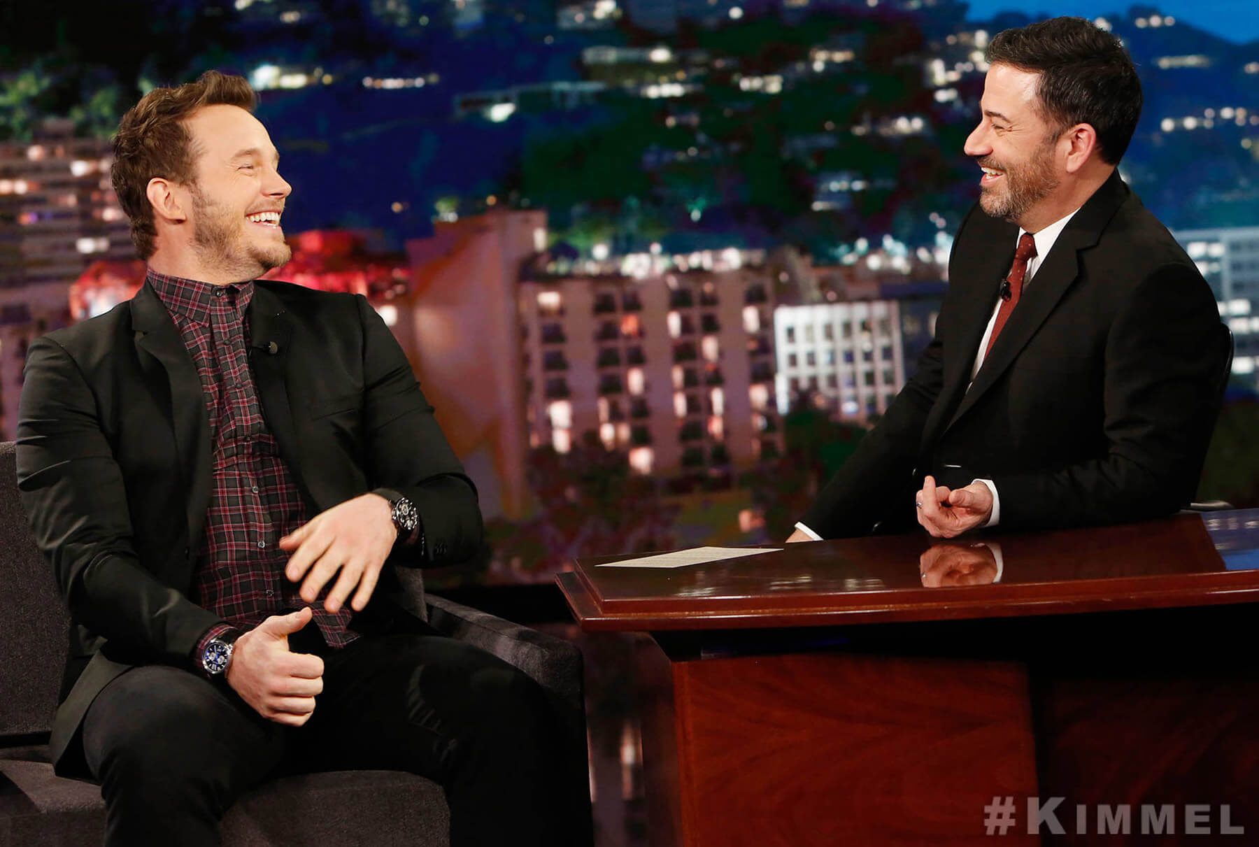 Chris Pratt double-wristing Cartiers on the Jimmy Kimmel Show