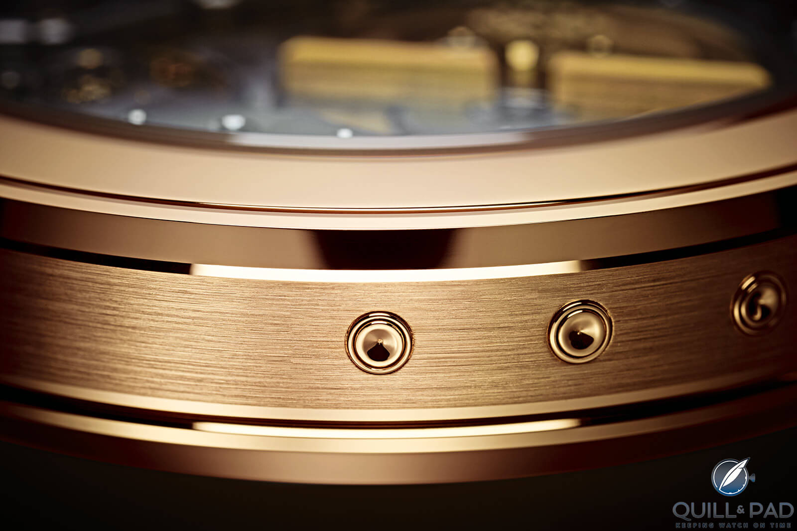 Calendar corrector pushers inset into the caseband of the Patek Philippe Reference 5235/50R-001