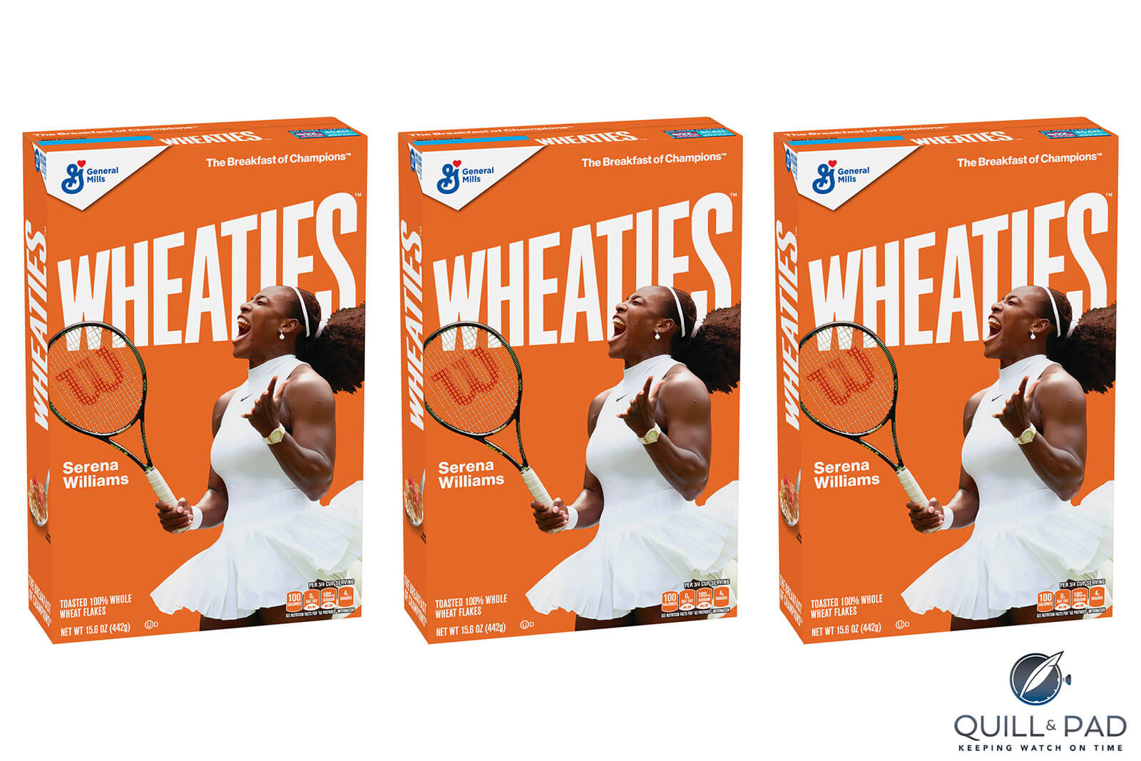 Serena Williams wearing her Audemars Piguet Royal Oak Offshore Chronograph 37 mm upside-down on the cover of Wheaties cereal boxes
