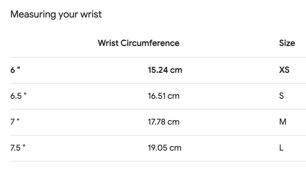 Wrist size chart